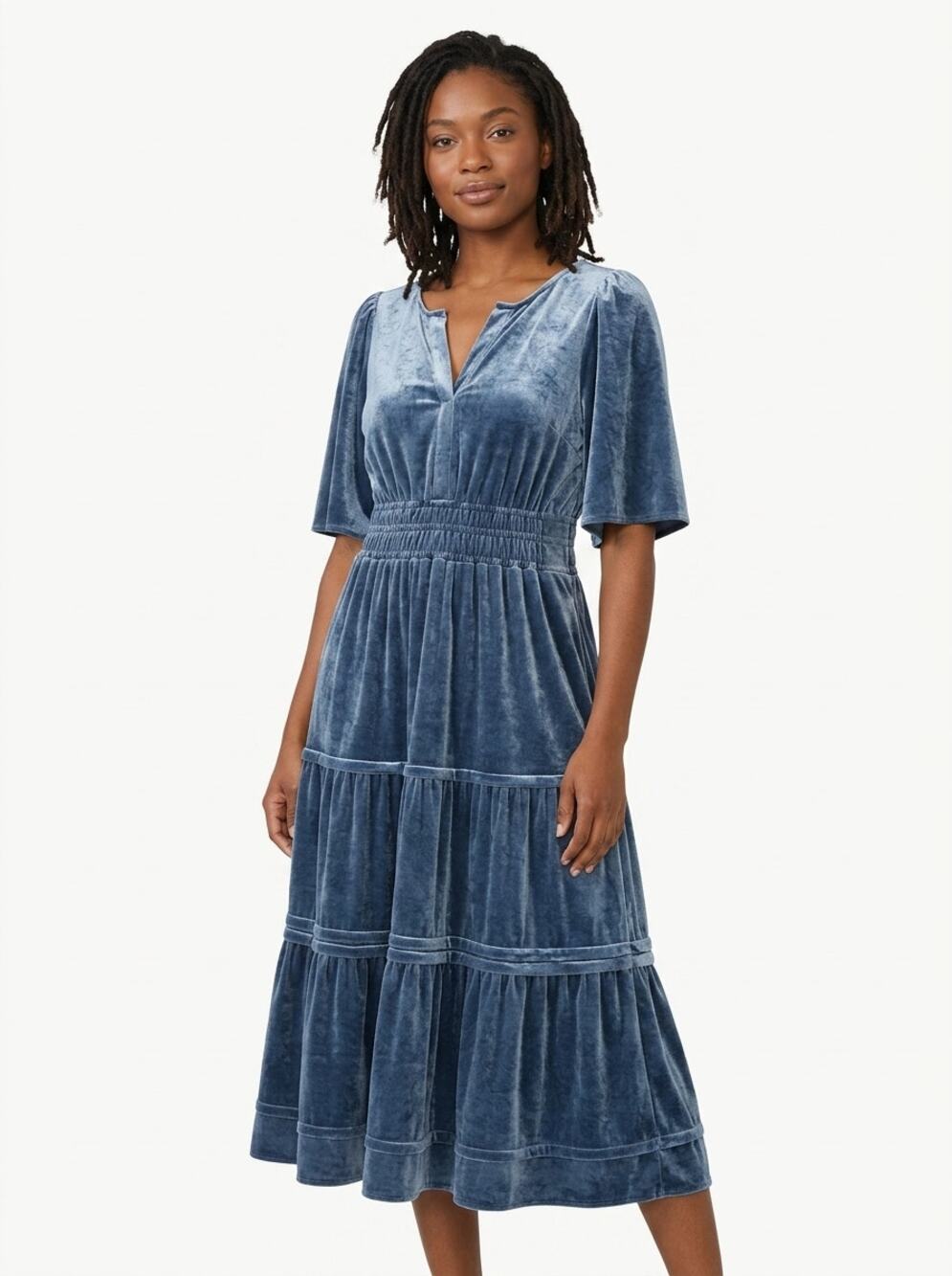 Umgee Velvet Tiered Smocked Midi Dress Solid Short Sleeve Women Size M
